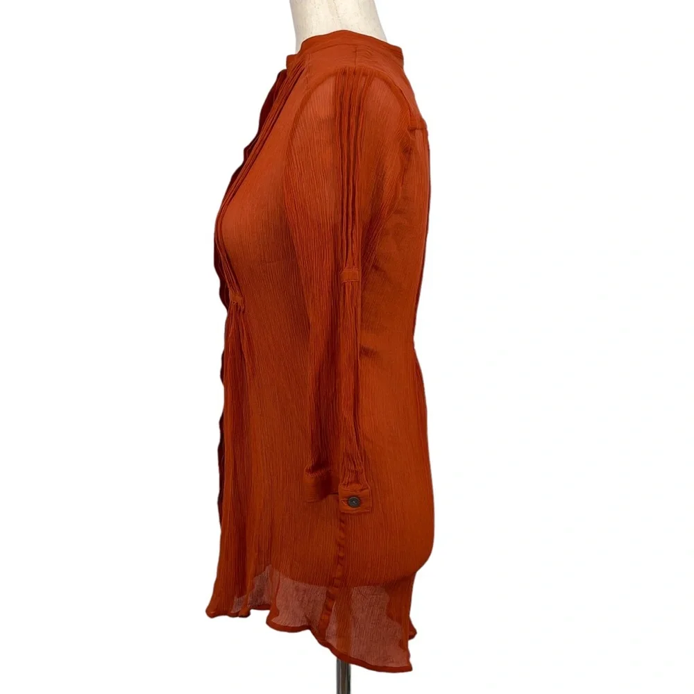 CHICO’S 100 % Burnt Orange Gauzy Pleated Button Down Lightweight 3/4 Sleeve Top - Picture 9 of 13
